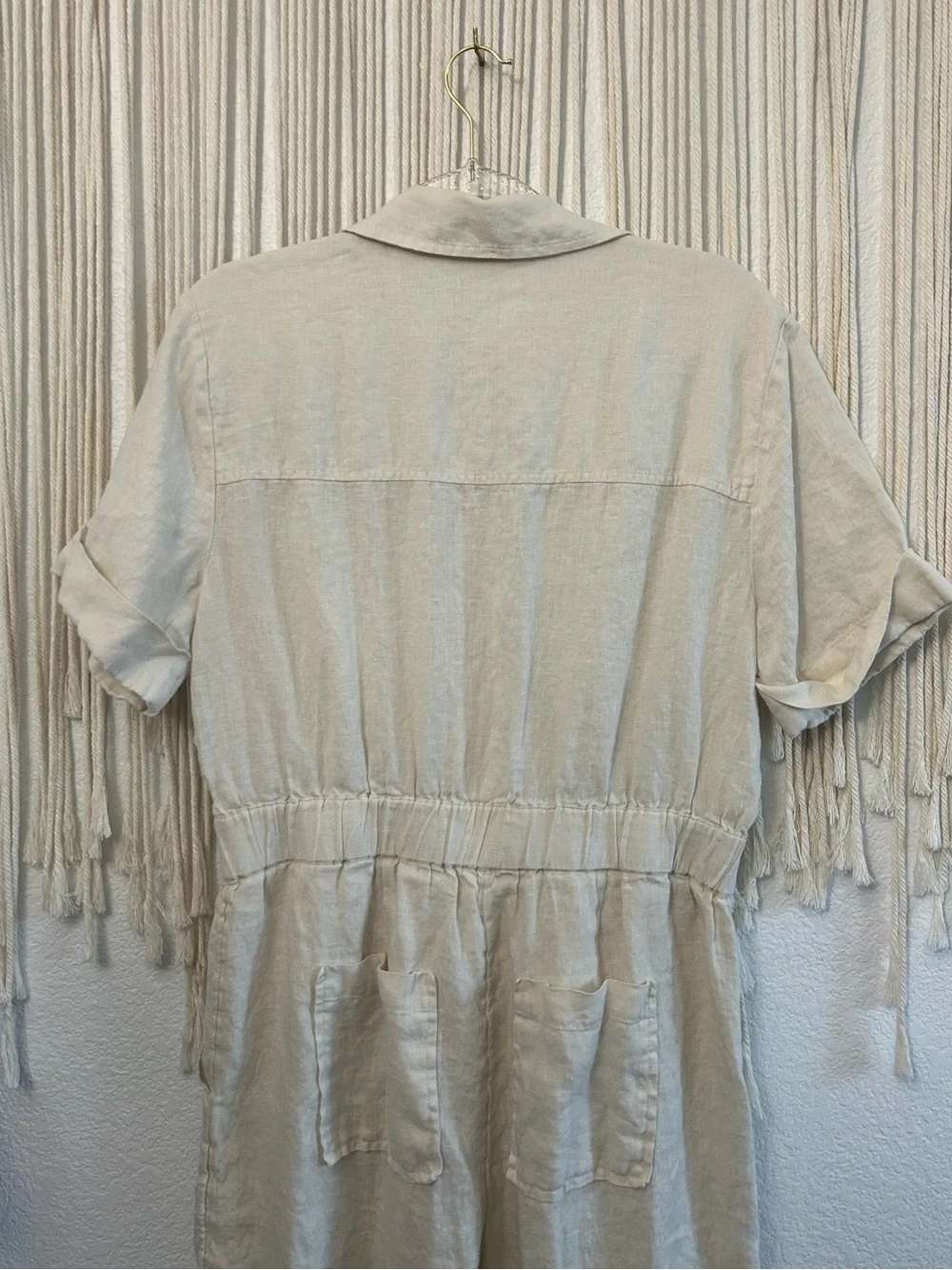 J.Crew 100% Linen Utility Jumpsuit Ivory Wide Leg Collared Short Sleeve